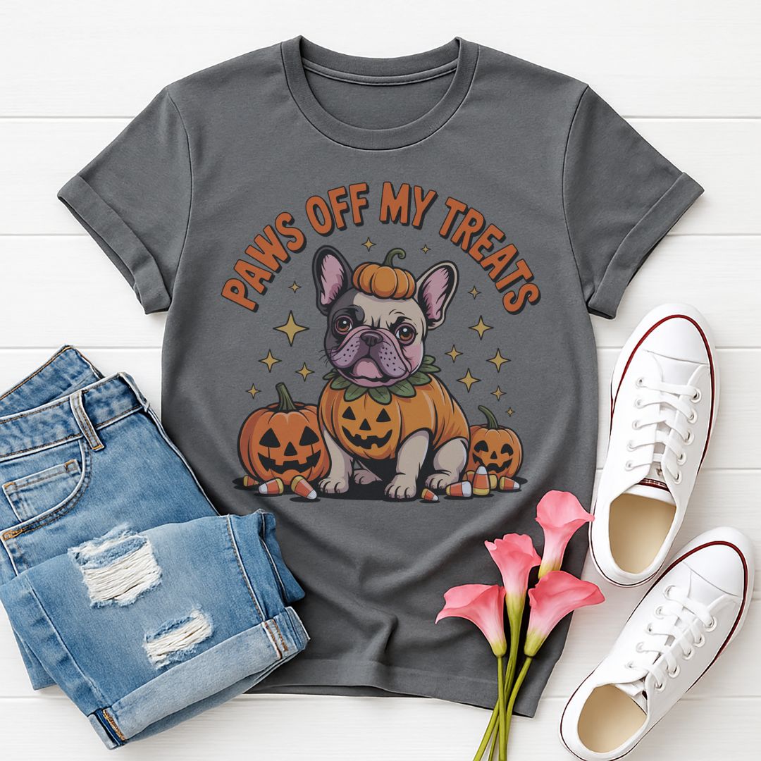 Charcoal Gray Gildan 6400 unisex t-shirt with retro dog graphic and ‘Paws Off My Treats’ text, perfect for dog lovers.