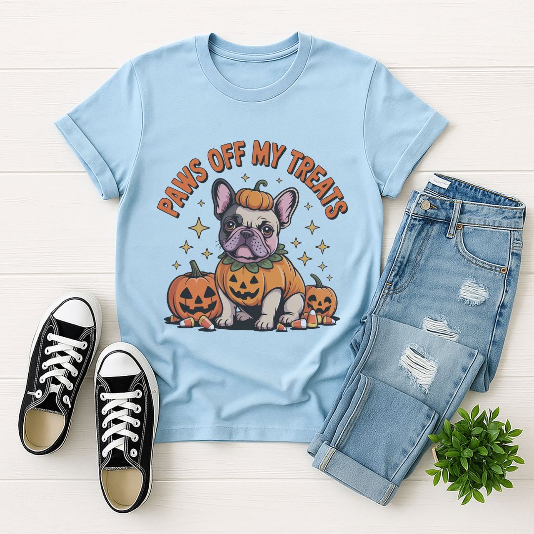 Light blue Gildan 6400 unisex t-shirt with retro dog graphic and ‘Paws Off My Treats’ text, perfect for dog lovers.
