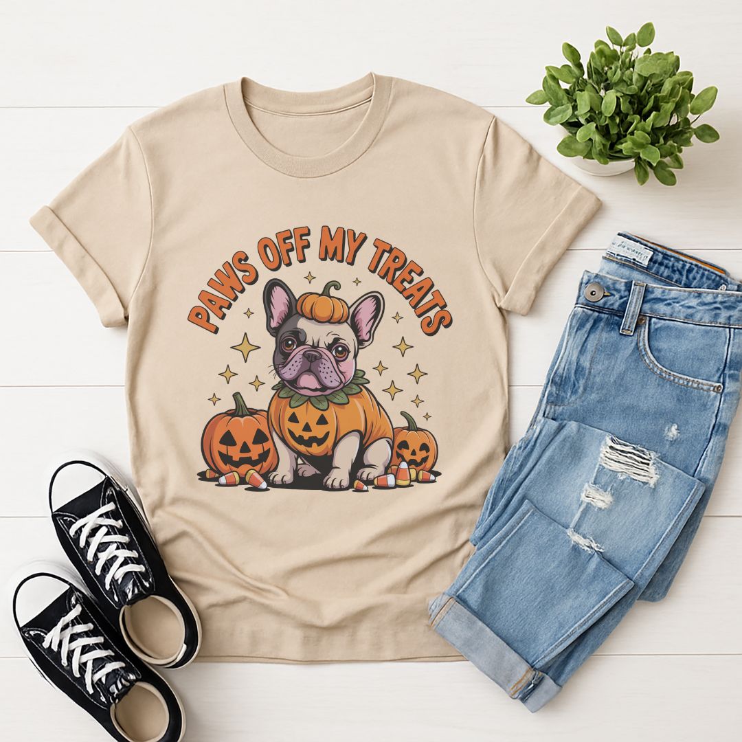 Sand Beige Gildan 6400 unisex t-shirt with retro dog graphic and ‘Paws Off My Treats’ text, perfect for dog lovers.