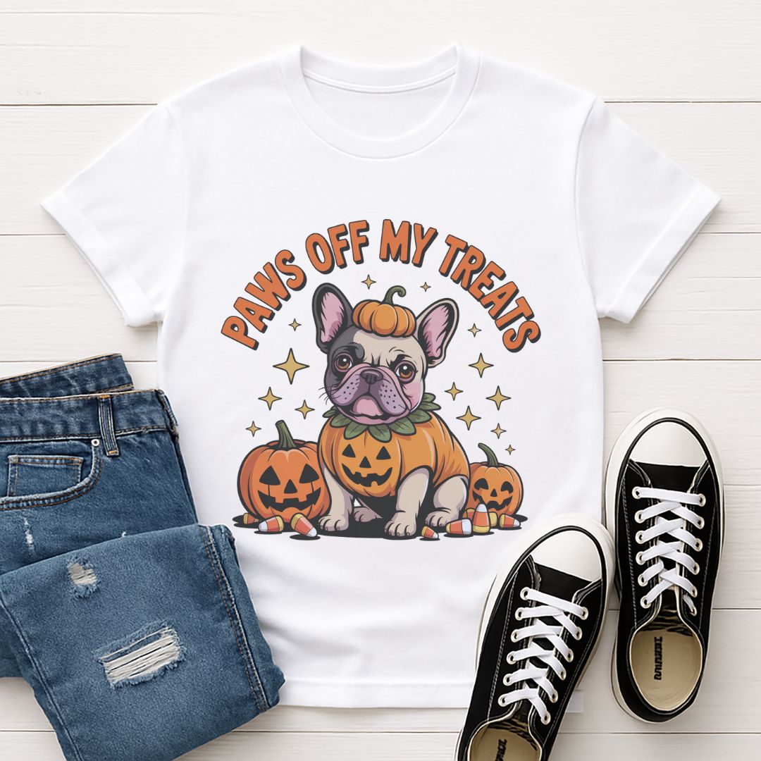 White Gildan 6400 unisex t-shirt with retro dog graphic and ‘Paws Off My Treats’ text, perfect for dog lovers.