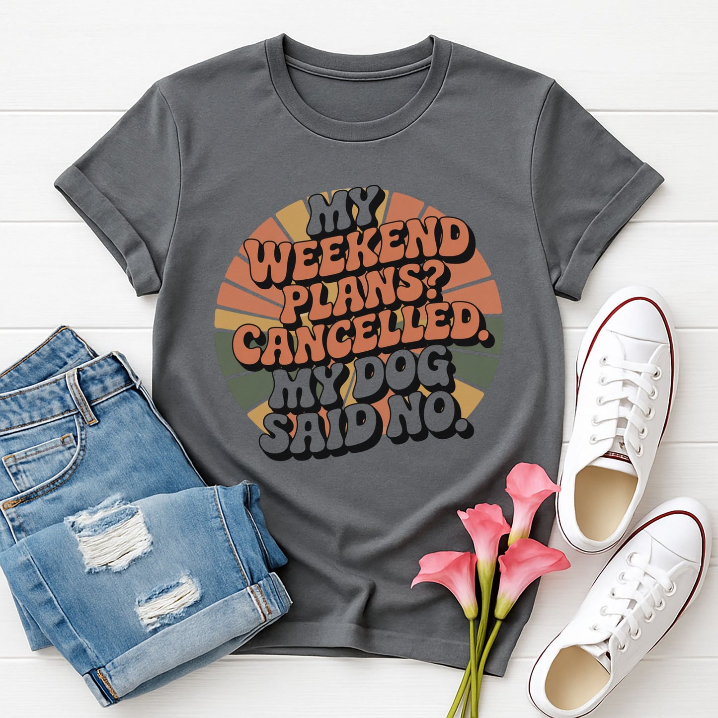 Charcoal Gray Gildan 6400 unisex t-shirt with retro dog graphic and ‘My Weekend Plans? Cancelled. My Dog Said No’ text, perfect for dog lovers.