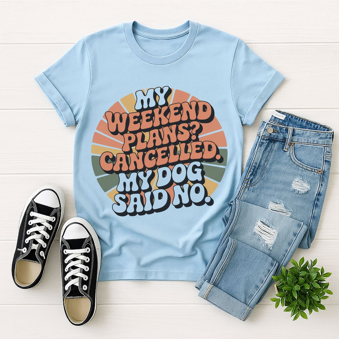 Light Blue Gildan 6400 unisex t-shirt with retro dog graphic and ‘My Weekend Plans? Cancelled. My Dog Said No’ text, perfect for dog lovers.