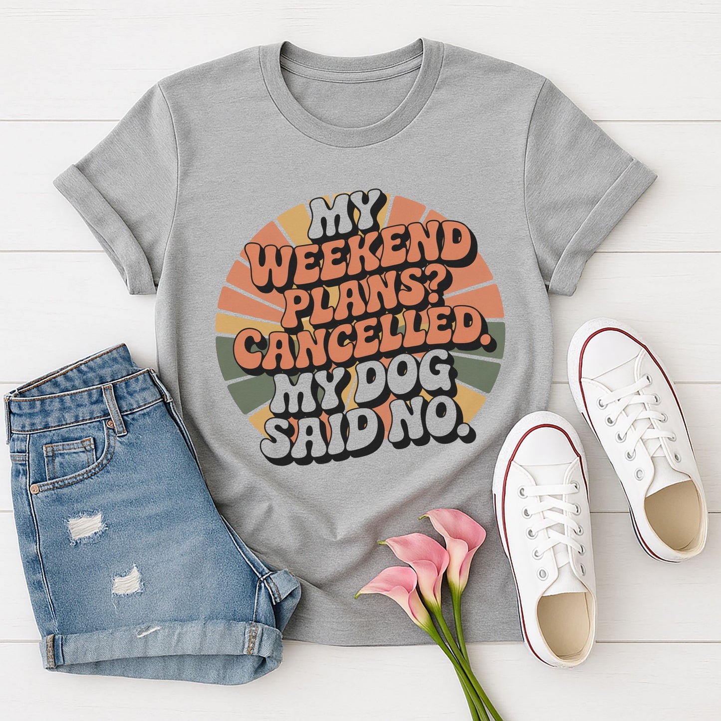 Sport Gray Gildan 6400 unisex t-shirt with retro dog graphic and ‘My Weekend Plans? Cancelled. My Dog Said No’ text, perfect for dog lovers.