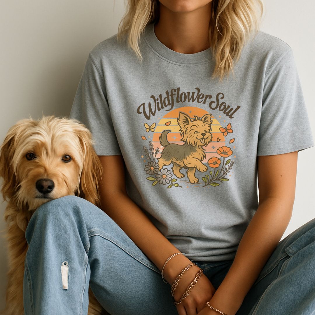 Sport Gray unisex t-shirt with retro dog graphic and ‘Wildflower Soul text, perfect for dog lovers.