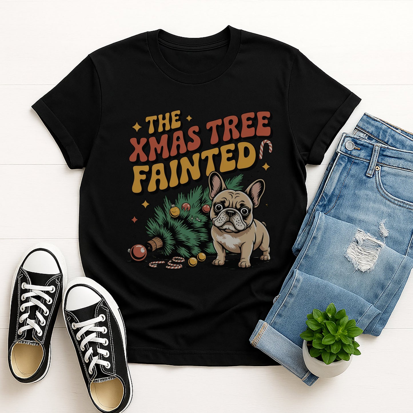 Black Gildan 6400 unisex t-shirt with retro dog graphic and ‘The Xmas Tree Fainted' text, perfect for dog lovers.