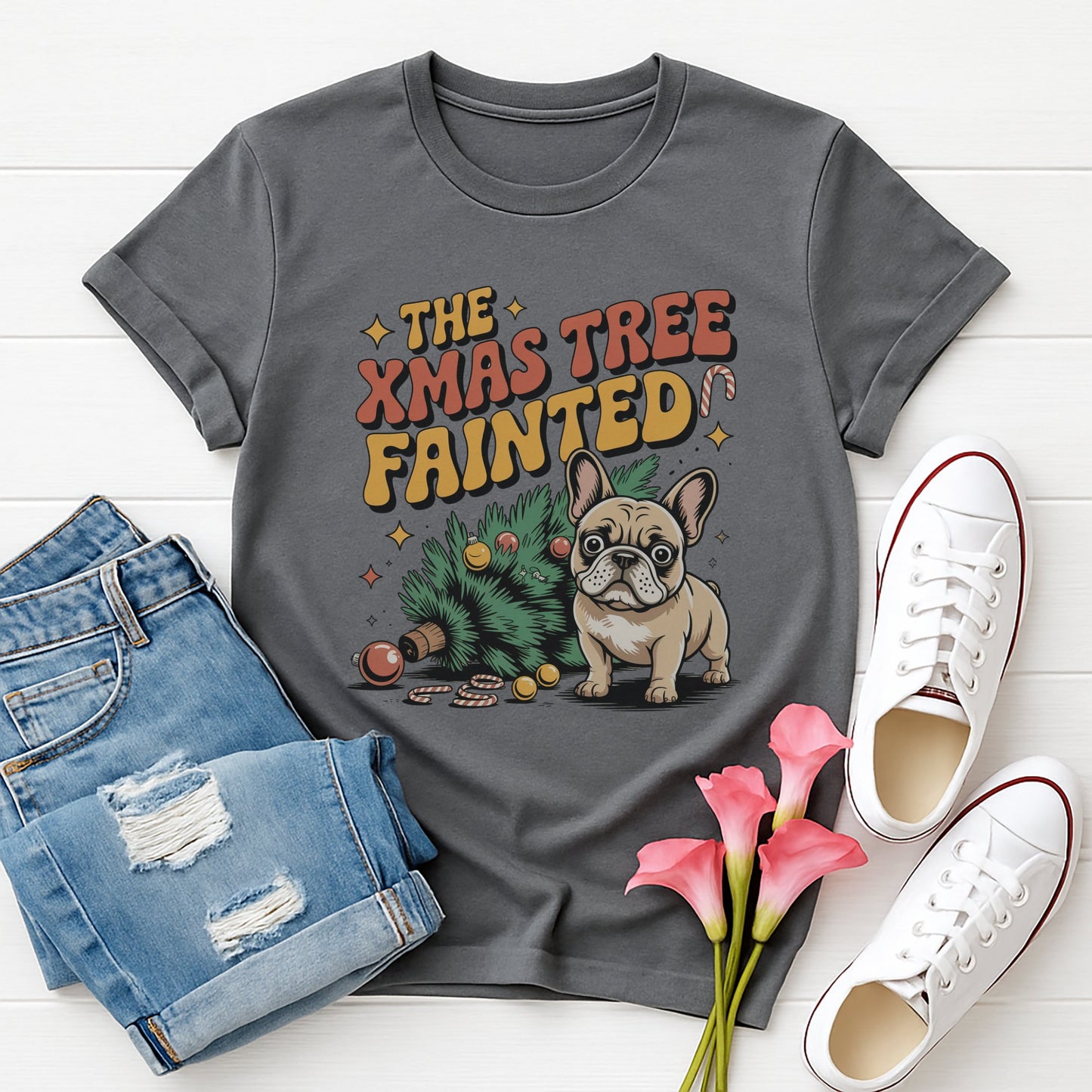 Charcoal Gray Gildan 6400 unisex t-shirt with retro dog graphic and ‘The Xmas Tree Fainted' text, perfect for dog lovers.