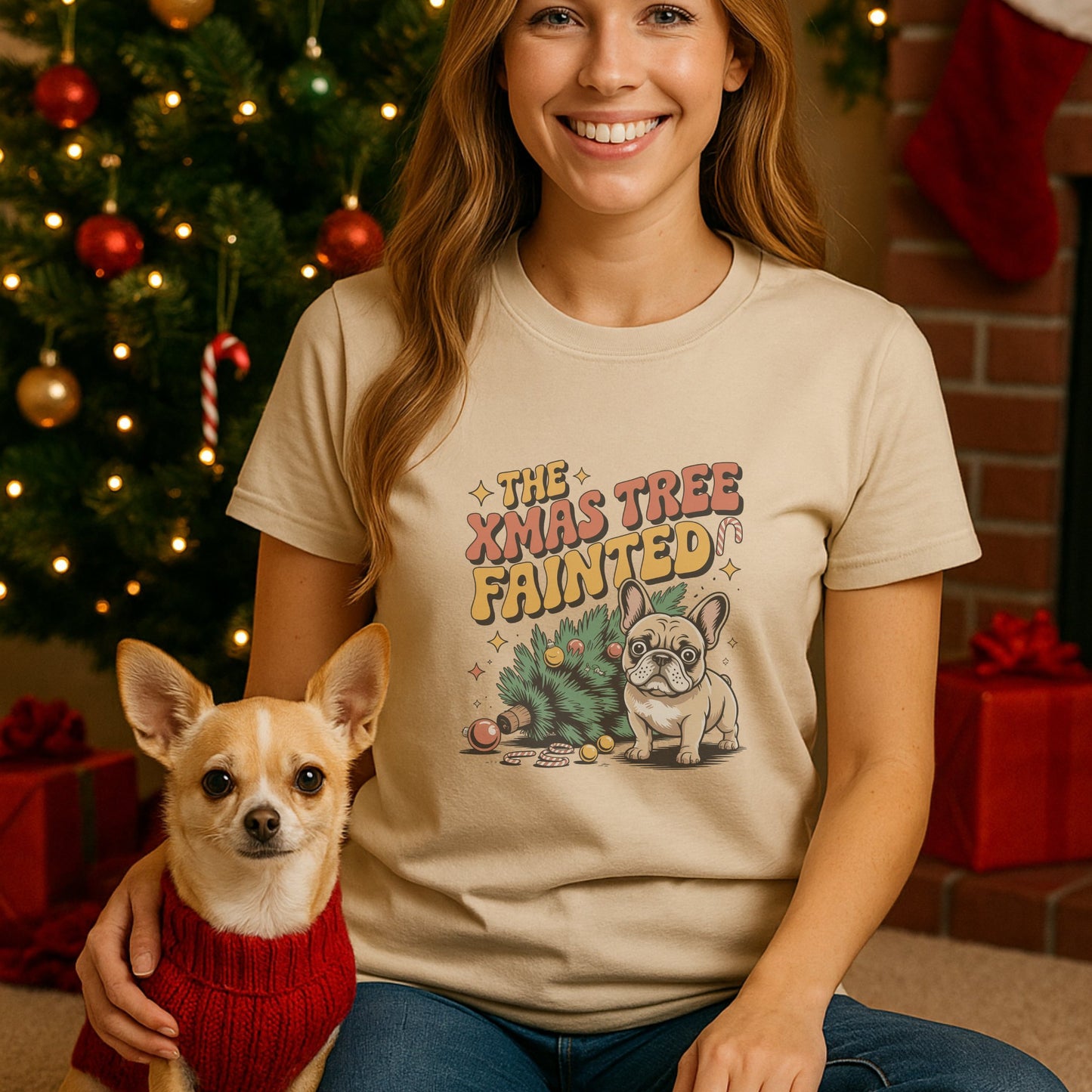 Unisex t-shirt with retro dog graphic and ‘The Xmas Tree Fainted' text, perfect for dog lovers.