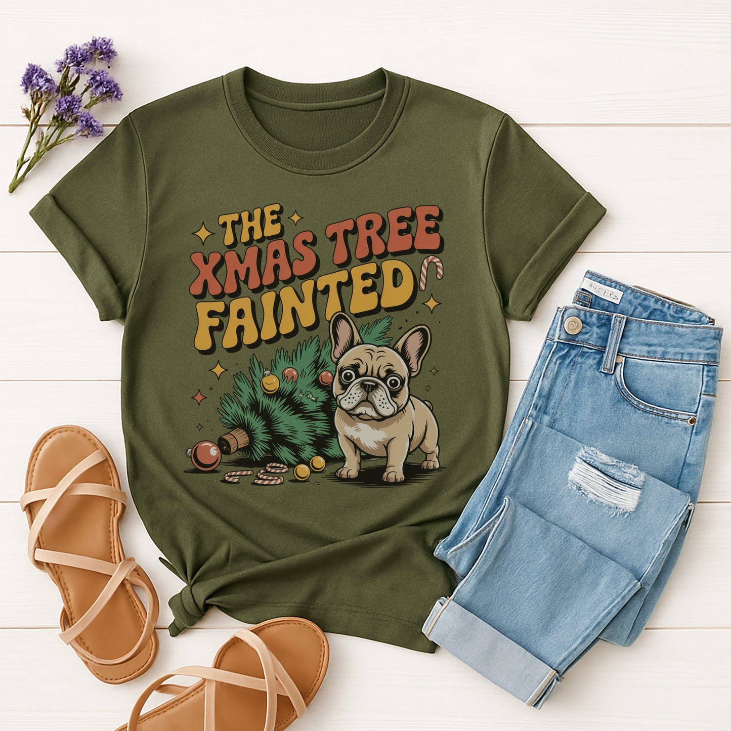 Military Green Gildan 6400 unisex t-shirt with retro dog graphic and ‘The Xmas Tree Fainted' text, perfect for dog lovers.