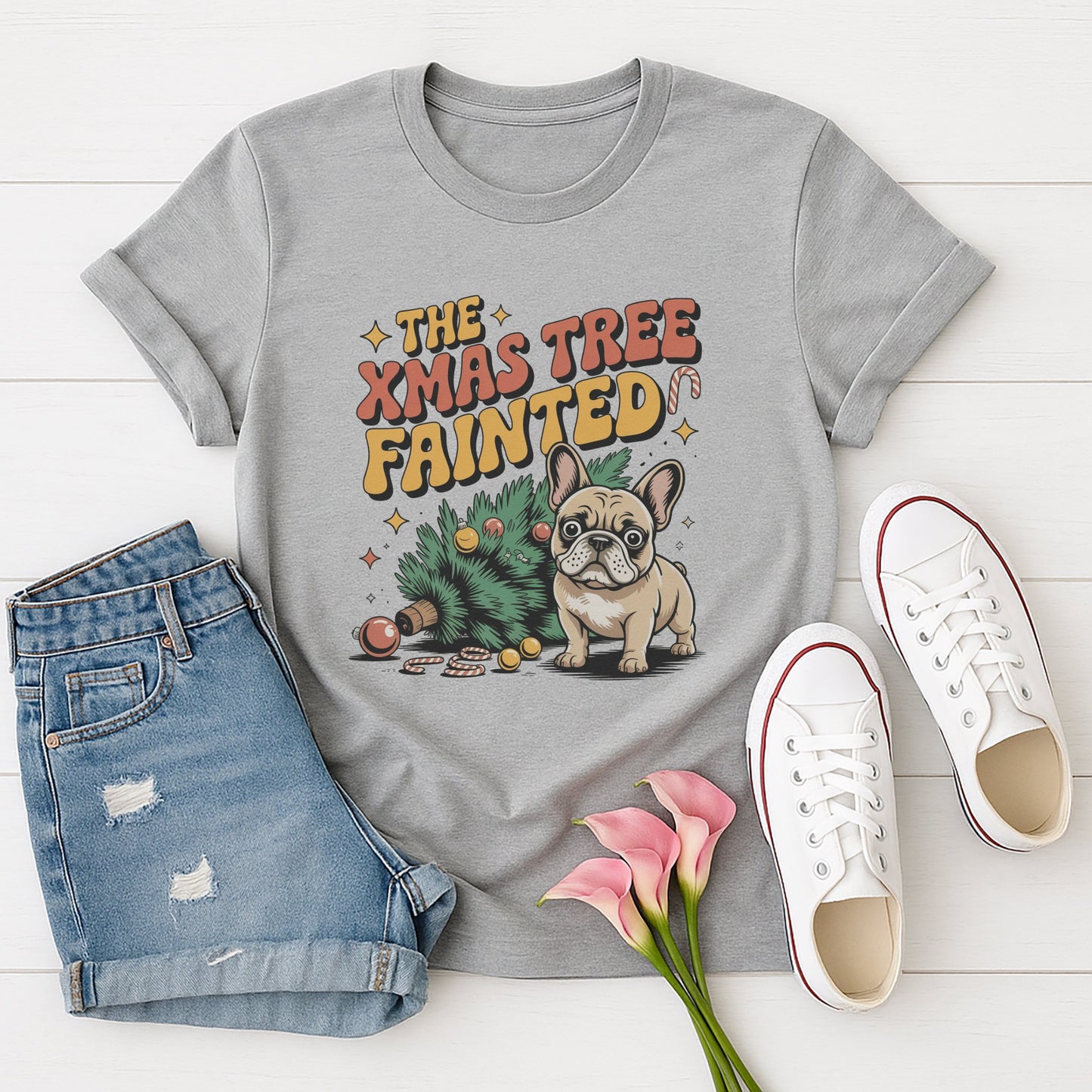 Sport Gray Gildan 6400 unisex t-shirt with retro dog graphic and ‘The Xmas Tree Fainted' text, perfect for dog lovers.