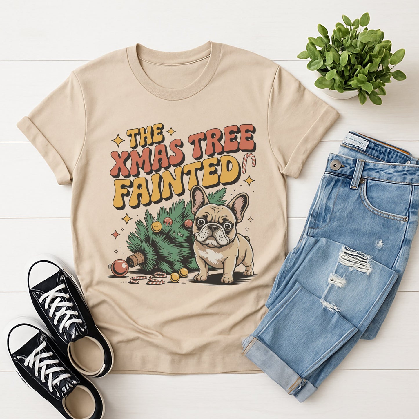 Sand Beige Gildan 6400 unisex t-shirt with retro dog graphic and ‘The Xmas Tree Fainted' text, perfect for dog lovers.