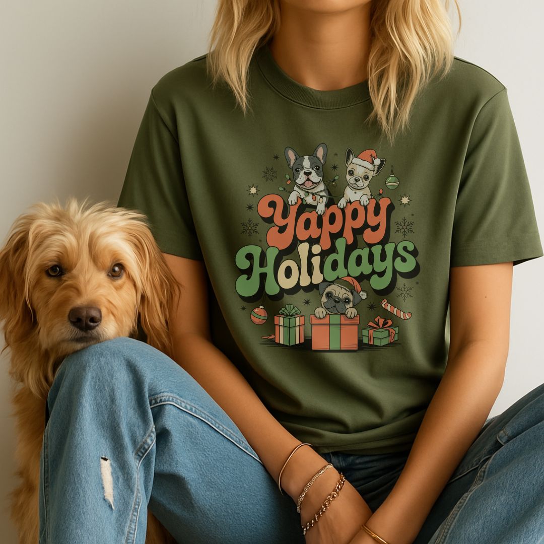 Military Green unisex t-shirt with retro dog graphic and ‘Yappy Holidays' text, perfect for dog lovers.