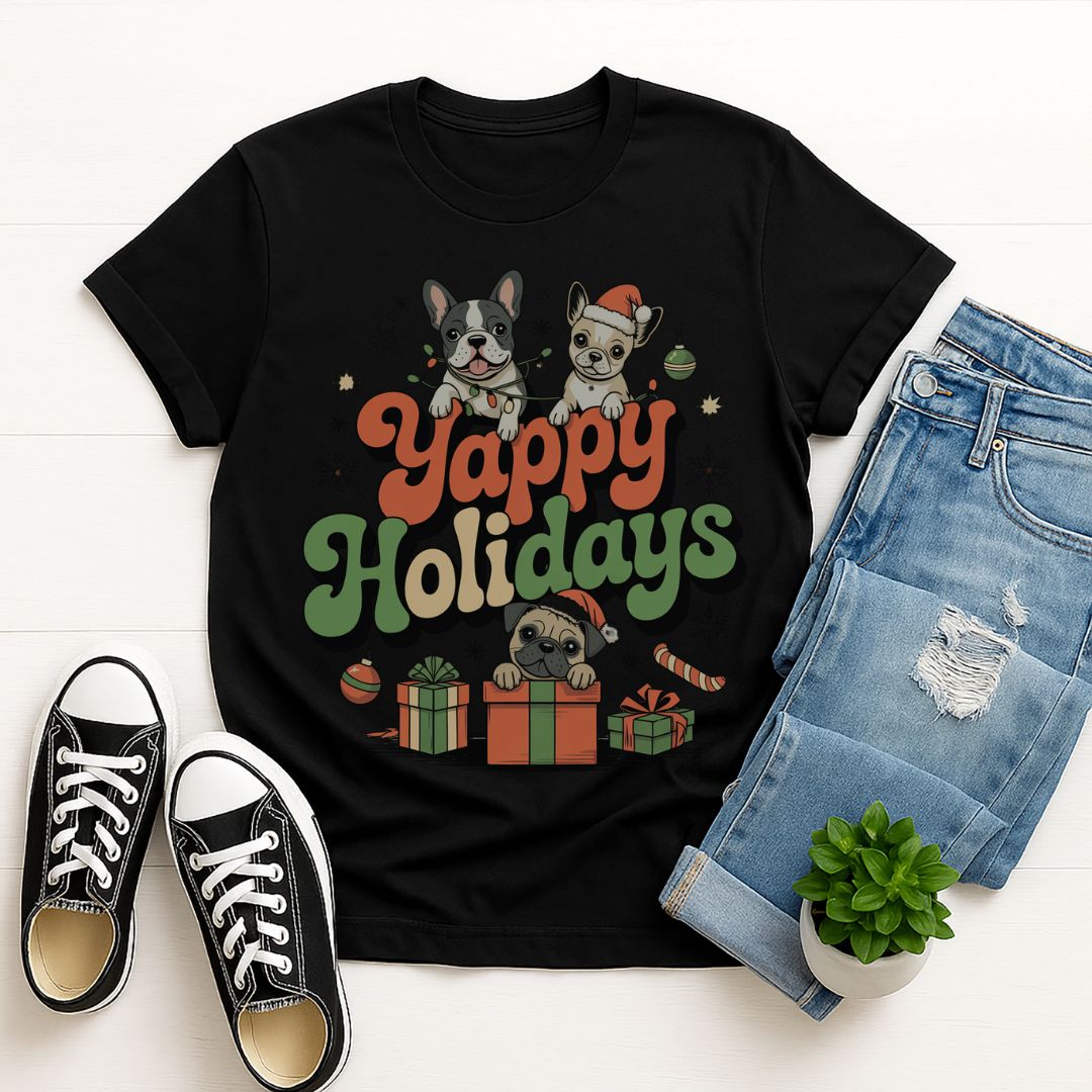 Black Gildan 6400 unisex t-shirt with retro dog graphic and ‘Yappy Holidays' text, perfect for dog lovers.