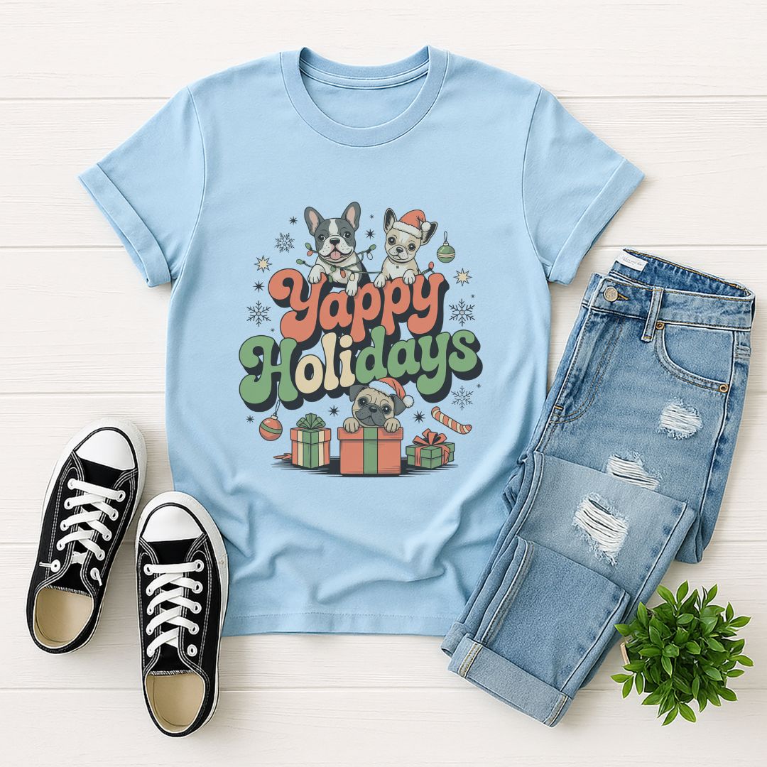 Light blue Gildan 6400 unisex t-shirt with retro dog graphic and ‘Yappy Holidays' text, perfect for dog lovers.