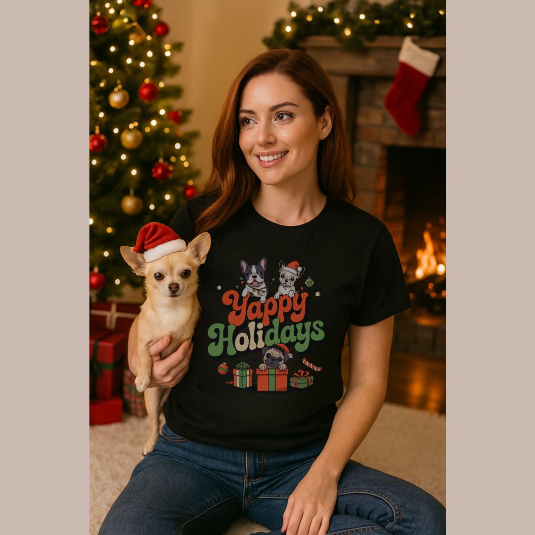 Black unisex t-shirt with retro dog graphic and ‘Yappy Holidays' text, perfect for dog lovers.