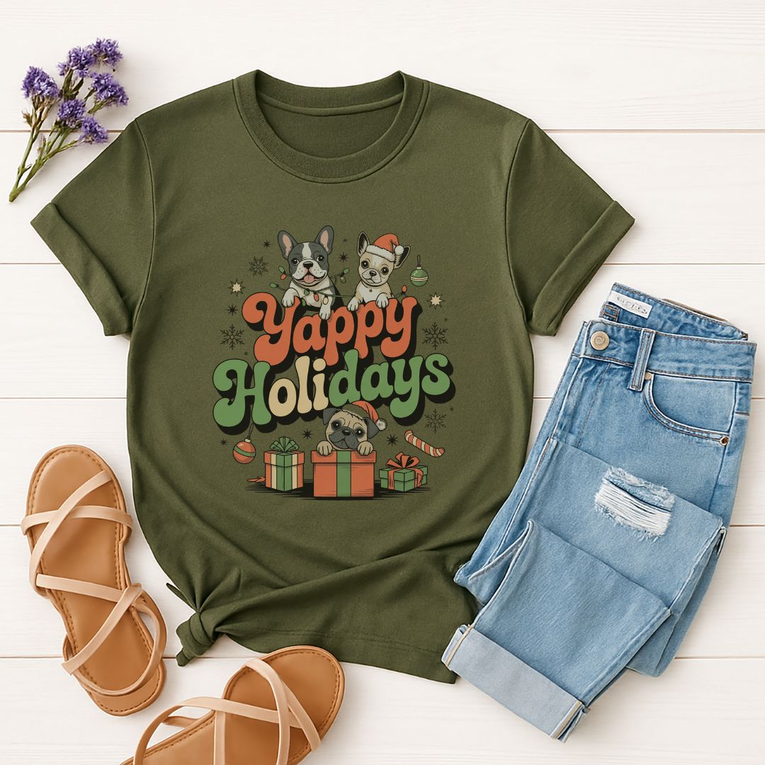Military Green Gildan 6400 unisex t-shirt with retro dog graphic and ‘Yappy Holidays' text, perfect for dog lovers.