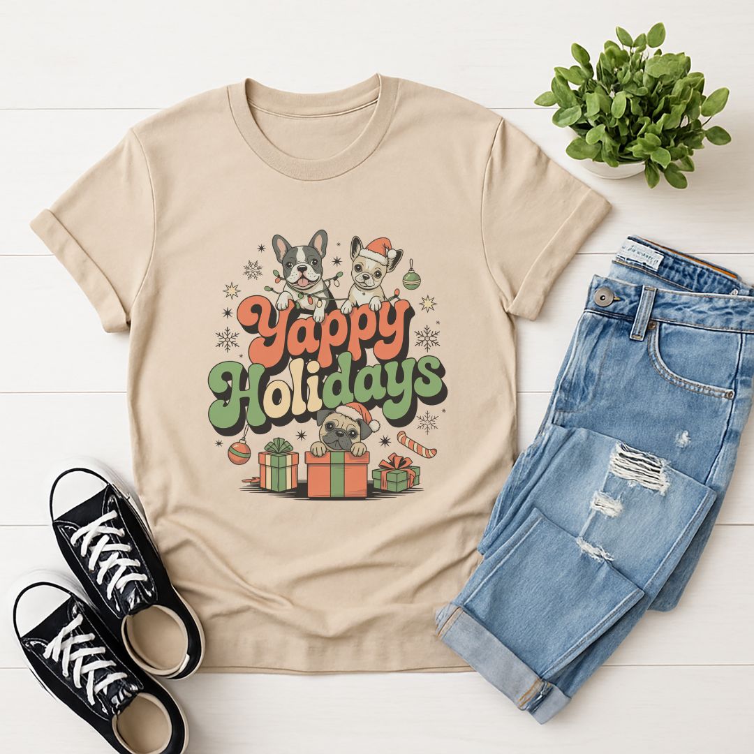 Sand Beige Gildan 6400 unisex t-shirt with retro dog graphic and ‘Yappy Holidays' text, perfect for dog lovers.