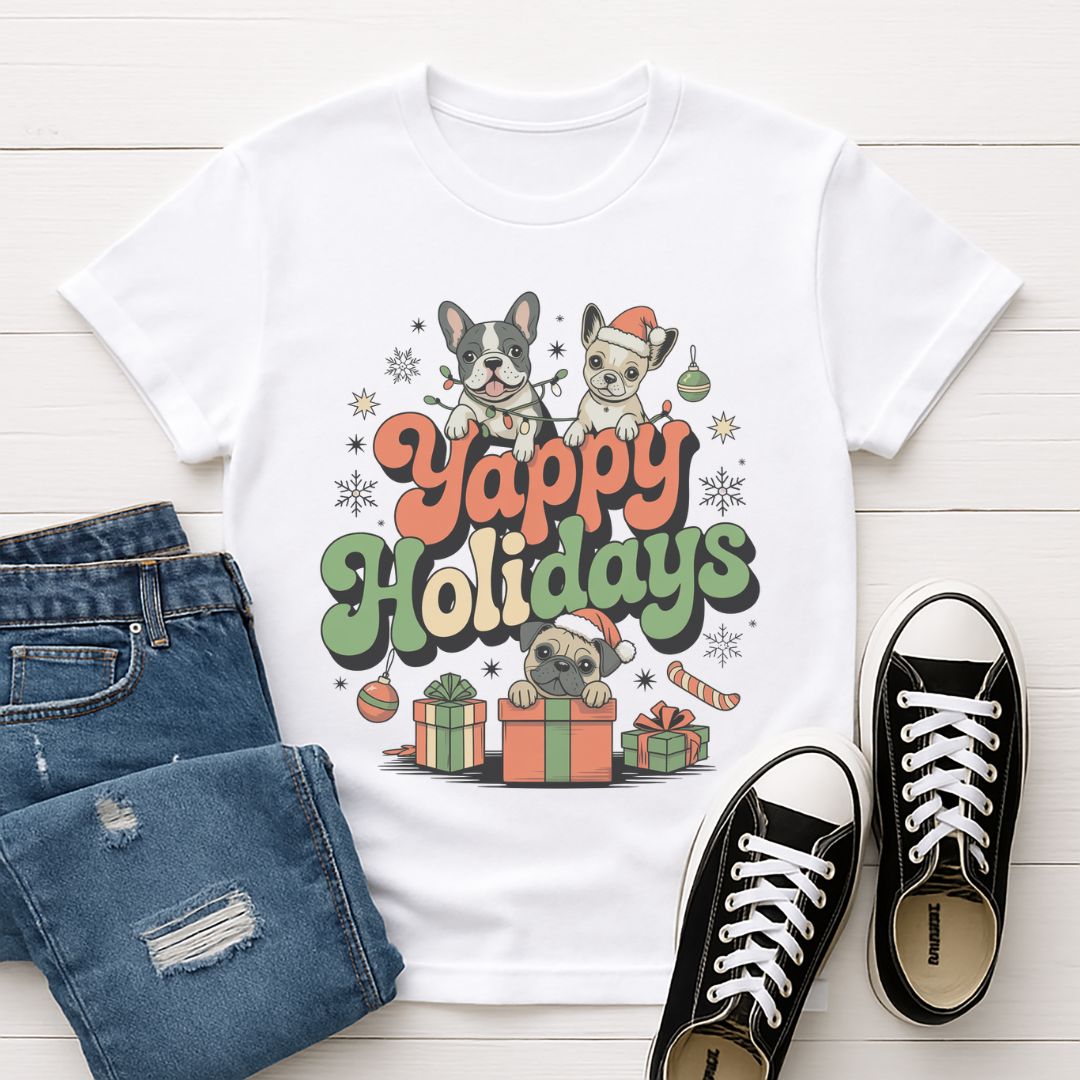 White Gildan 6400 unisex t-shirt with retro dog graphic and ‘Yappy Holidays' text, perfect for dog lovers.