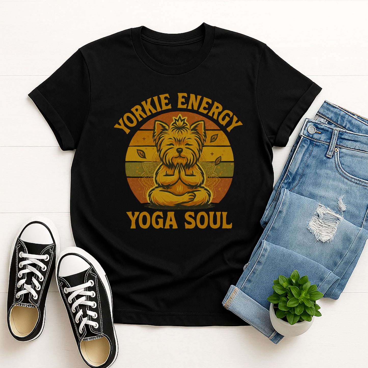 Black Gildan 6400 unisex t-shirt with retro dog graphic and ‘Yorkie Energy Yoga Soul’ text, perfect for dog lovers.