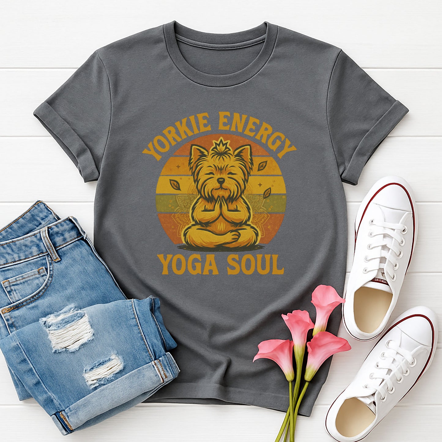 Charcoal Gildan 6400 unisex t-shirt with retro dog graphic and ‘Yorkie Energy Yoga Soul’ text, perfect for dog lovers.