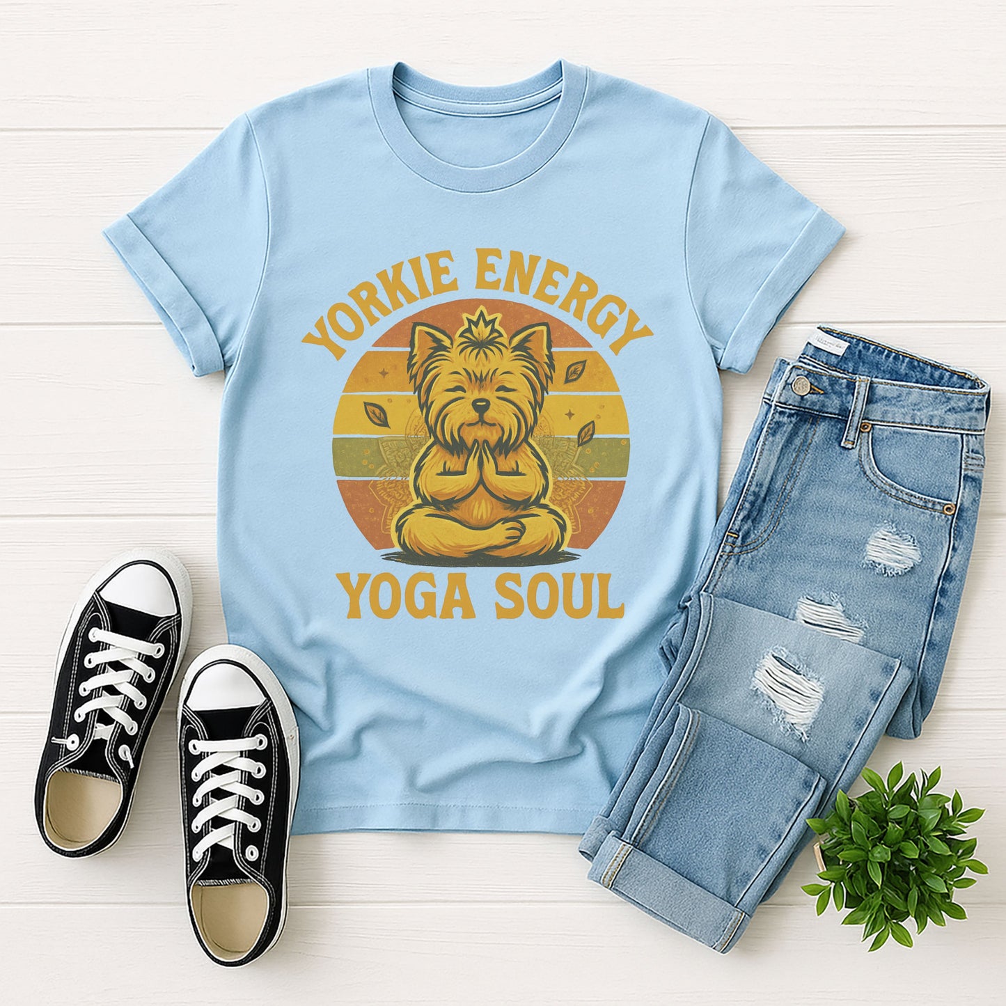 Light Blue Gildan 6400 unisex t-shirt with retro dog graphic and ‘Yorkie Energy Yoga Soul’ text, perfect for dog lovers.