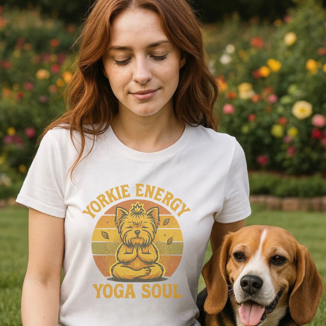 Unisex t-shirt with retro dog graphic and ‘Yorkie Energy Yoga Soul’ text, perfect for dog lovers.