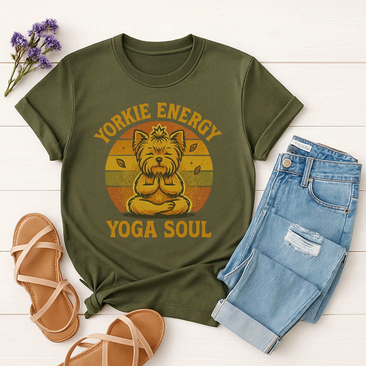 Military Green Gildan 6400 unisex t-shirt with retro dog graphic and ‘Yorkie Energy Yoga Soul’ text, perfect for dog lovers.