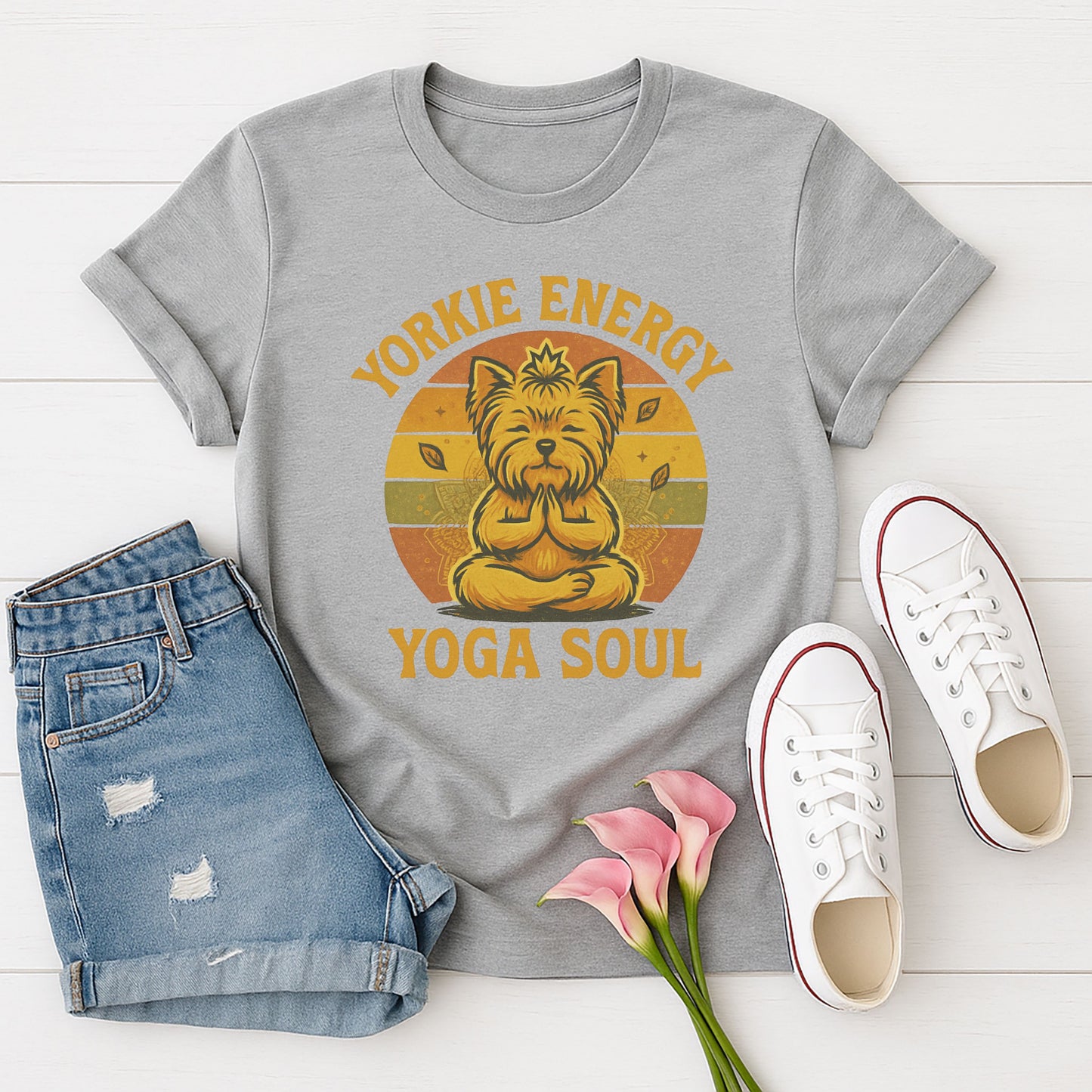 Sport Gray Gildan 6400 unisex t-shirt with retro dog graphic and ‘Yorkie Energy Yoga Soul’ text, perfect for dog lovers.