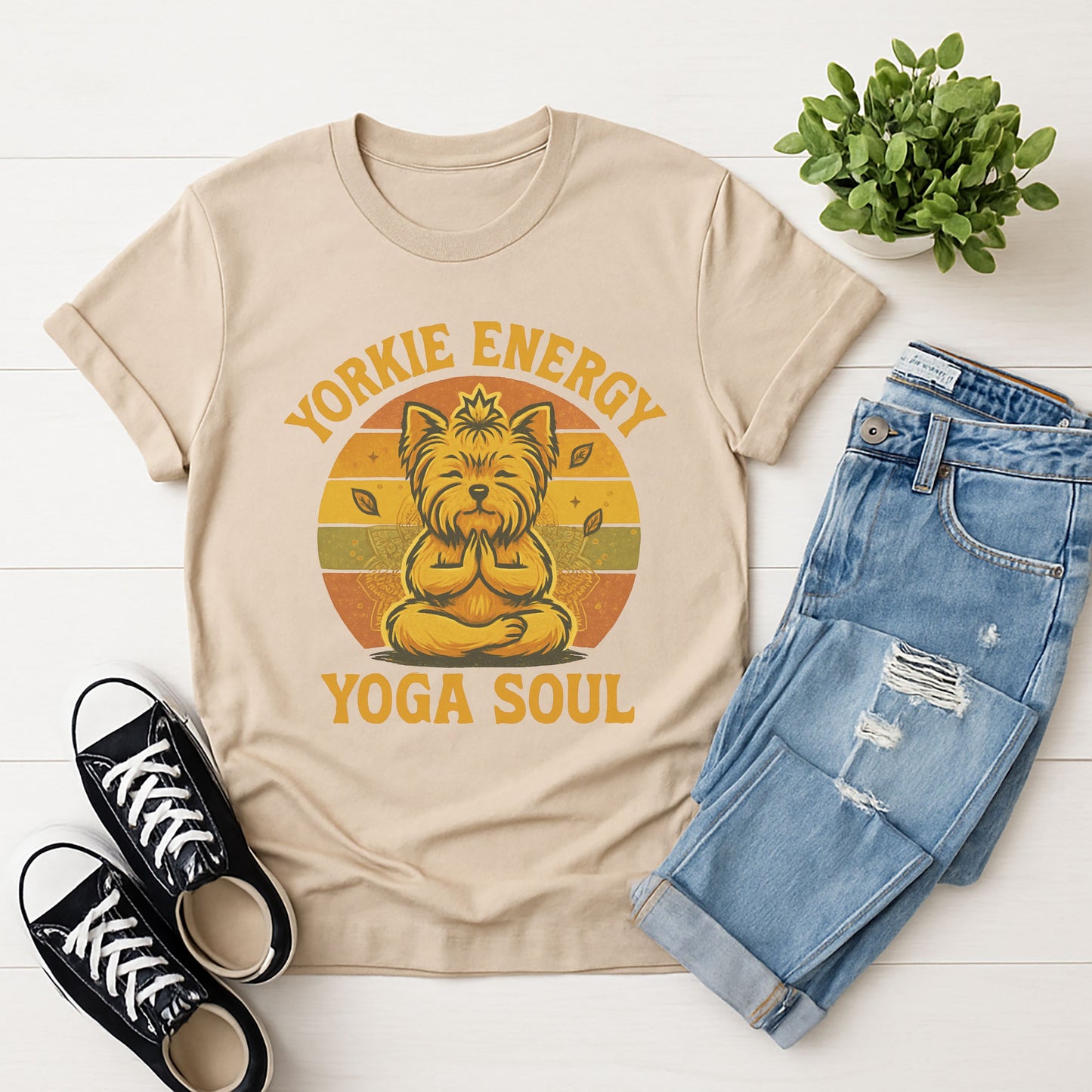 Sand Beige Gildan 6400 unisex t-shirt with retro dog graphic and ‘Yorkie Energy Yoga Soul’ text, perfect for dog lovers.