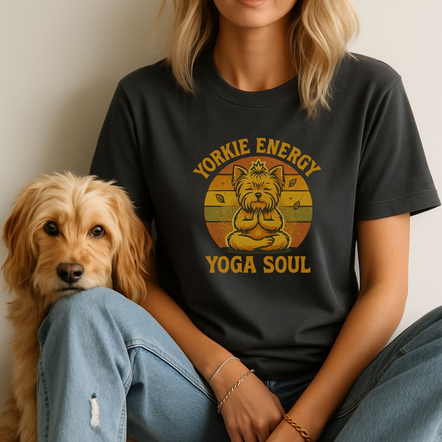 Unisex t-shirt with retro dog graphic and ‘Yorkie Energy Yoga Soul’ text, perfect for dog lovers.