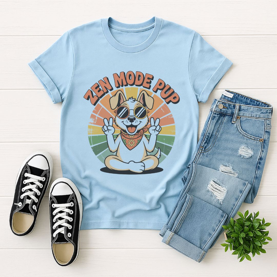 Light Blue Gildan 6400 unisex t-shirt with retro dog graphic and ‘Zen Mode Pup’ text, perfect for dog lovers.