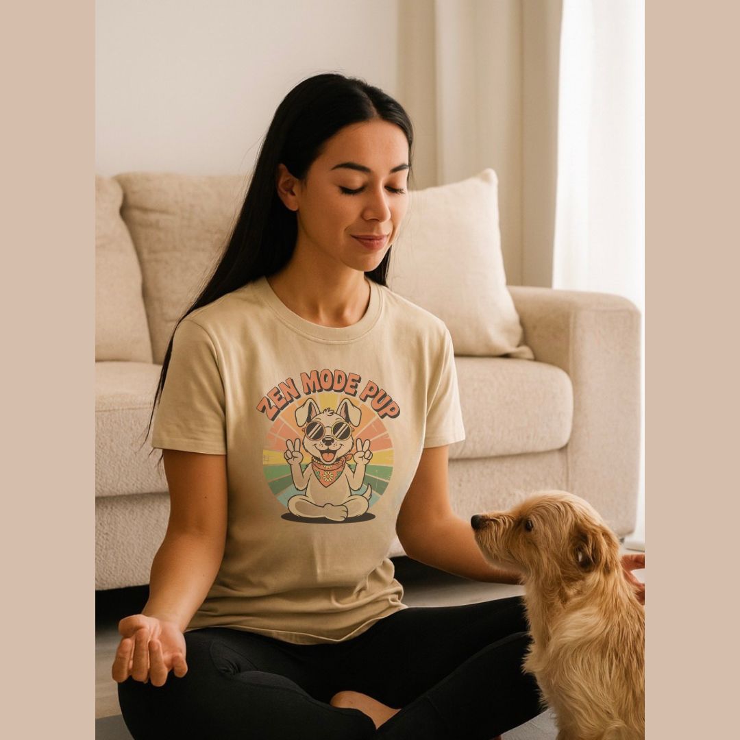 Unisex t-shirt with retro dog graphic and ‘Zen Mode Pup’ text, perfect for dog lovers.