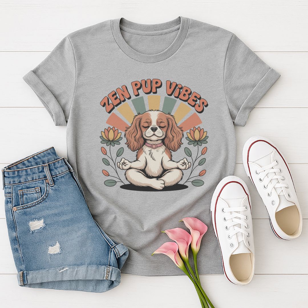 Sport Gray Gildan 6400 unisex t-shirt with retro dog graphic and ‘Zen Pup Vibes’ text, perfect for dog lovers.