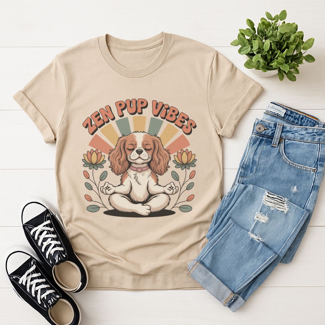 Sand Beige Gildan 6400 unisex t-shirt with retro dog graphic and ‘Zen Pup Vibes’ text, perfect for dog lovers.