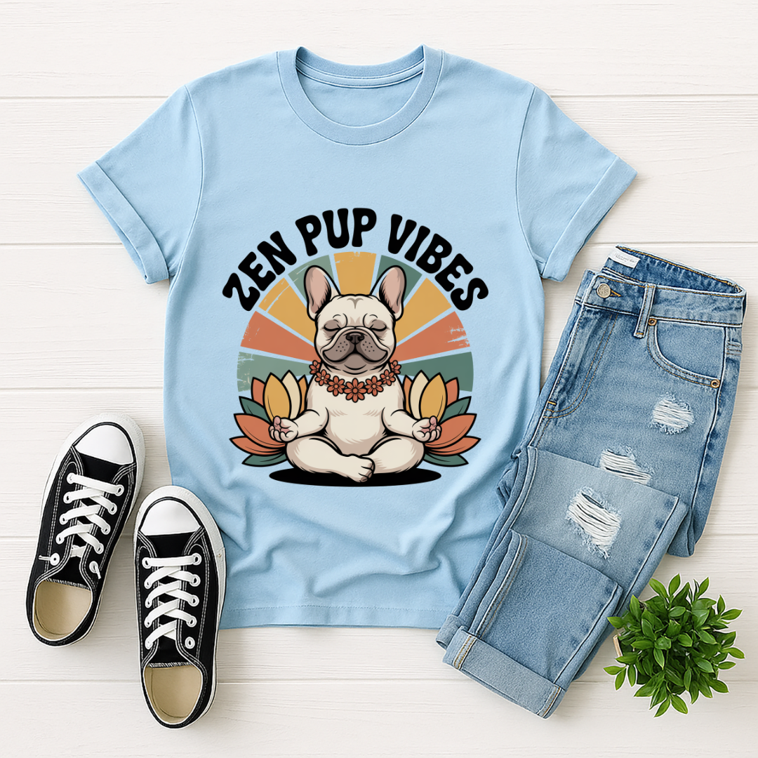 Light Blue Gildan 6400 unisex t-shirt with retro dog graphic and ‘Zen Pup Vibes’ text, perfect for dog lovers.