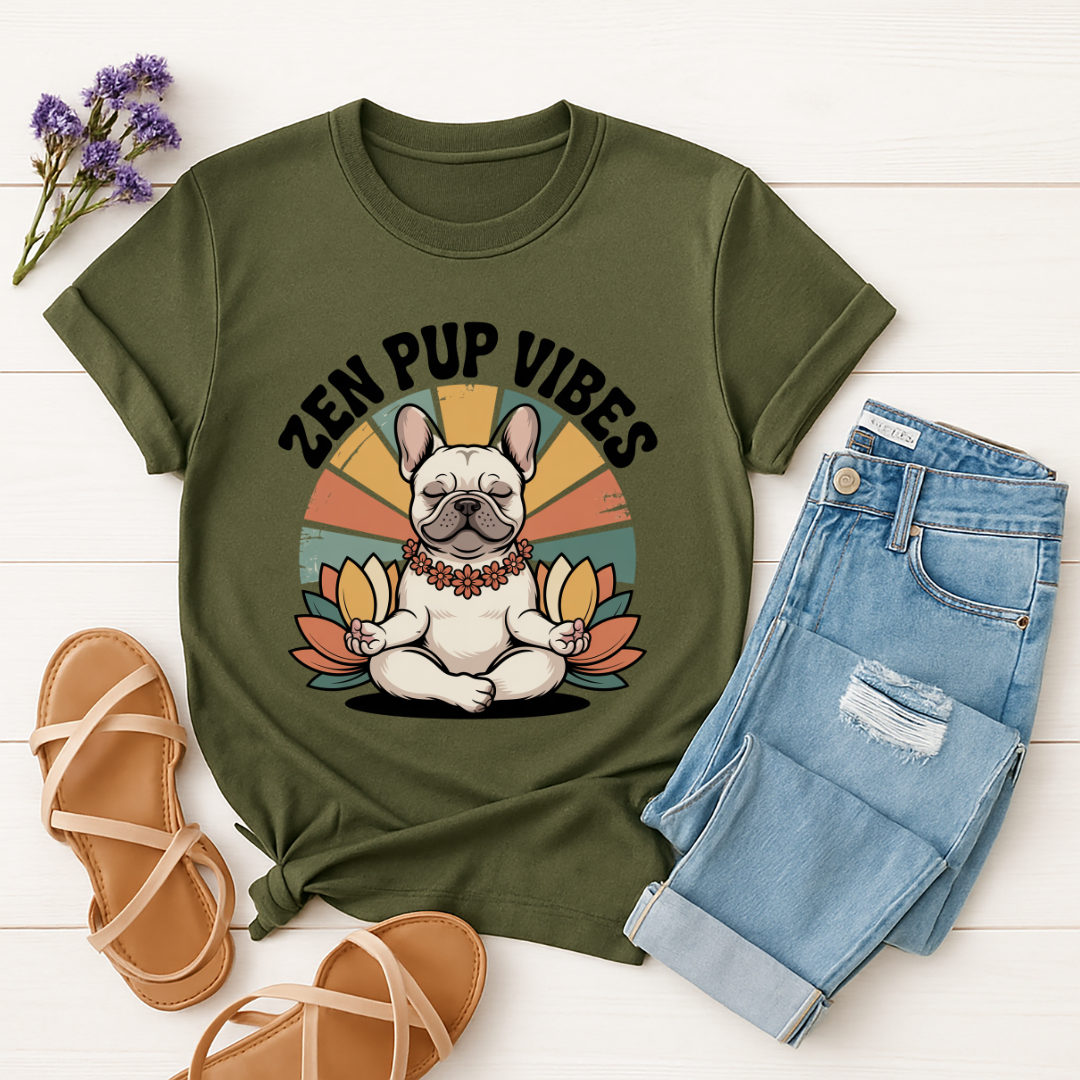 Military Green Gildan 6400 unisex t-shirt with retro dog graphic and ‘Zen Pup Vibes’ text, perfect for dog lovers.