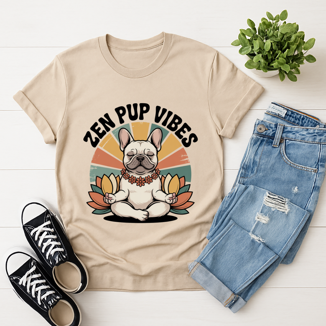Sand Beige Gildan 6400 unisex t-shirt with retro dog graphic and ‘Zen Pup Vibes’ text, perfect for dog lovers.