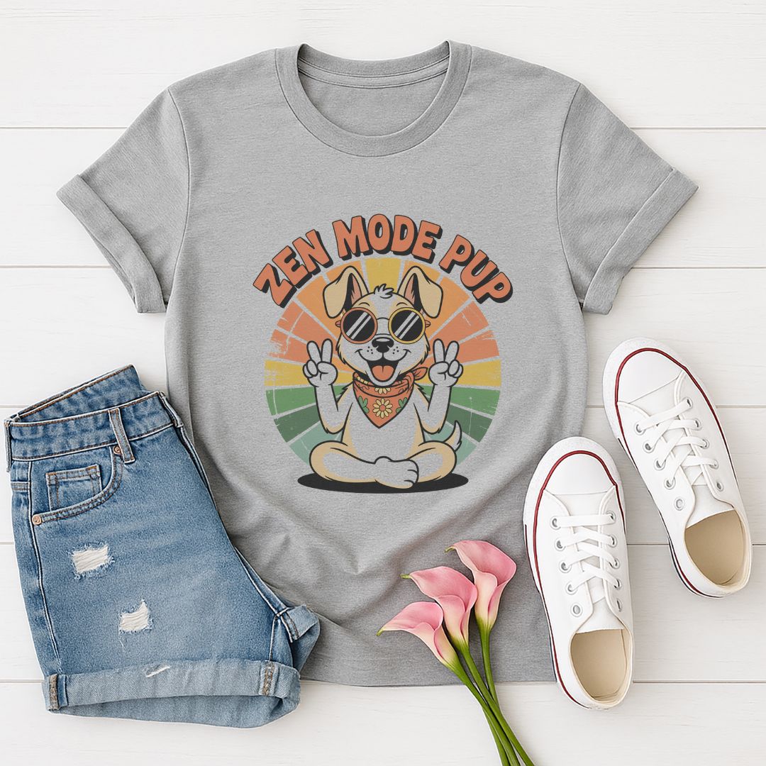 Sport Gray Gildan 6400 unisex t-shirt with retro dog graphic and ‘Zen Mode Pup’ text, perfect for dog lovers.