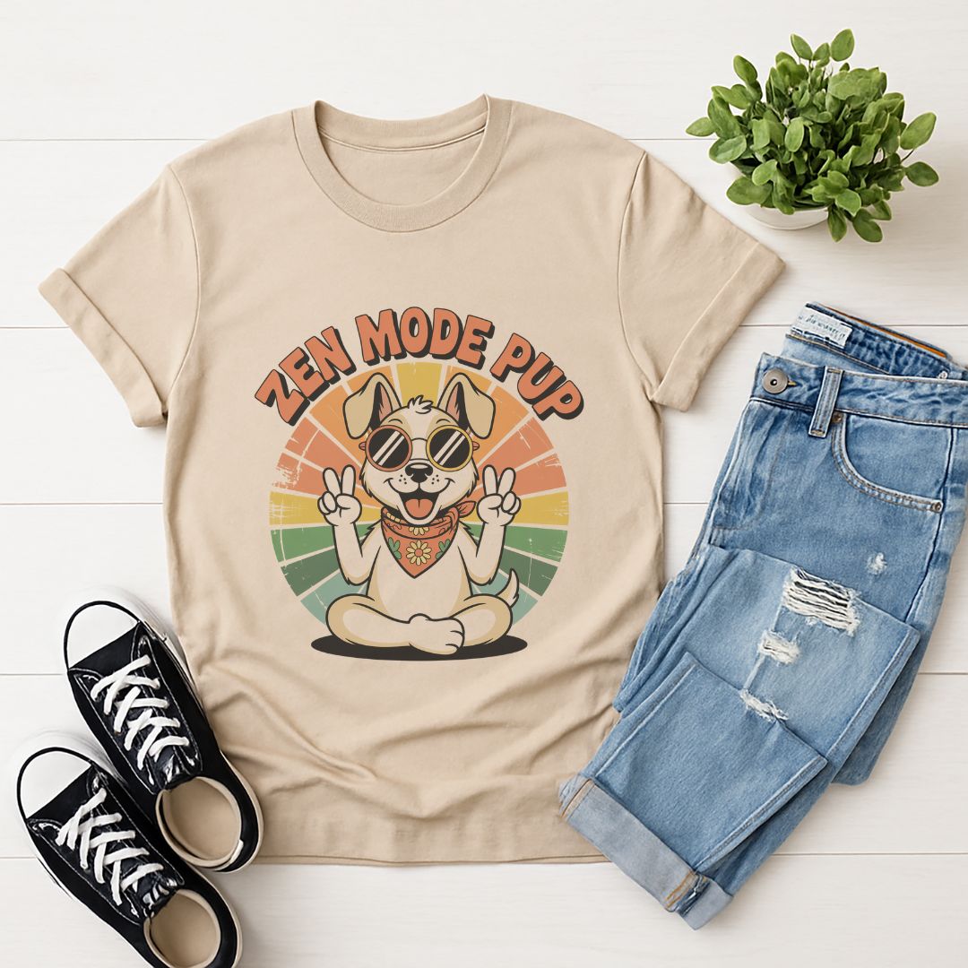 Sand Beige Gildan 6400 unisex t-shirt with retro dog graphic and ‘Zen Mode Pup’ text, perfect for dog lovers.