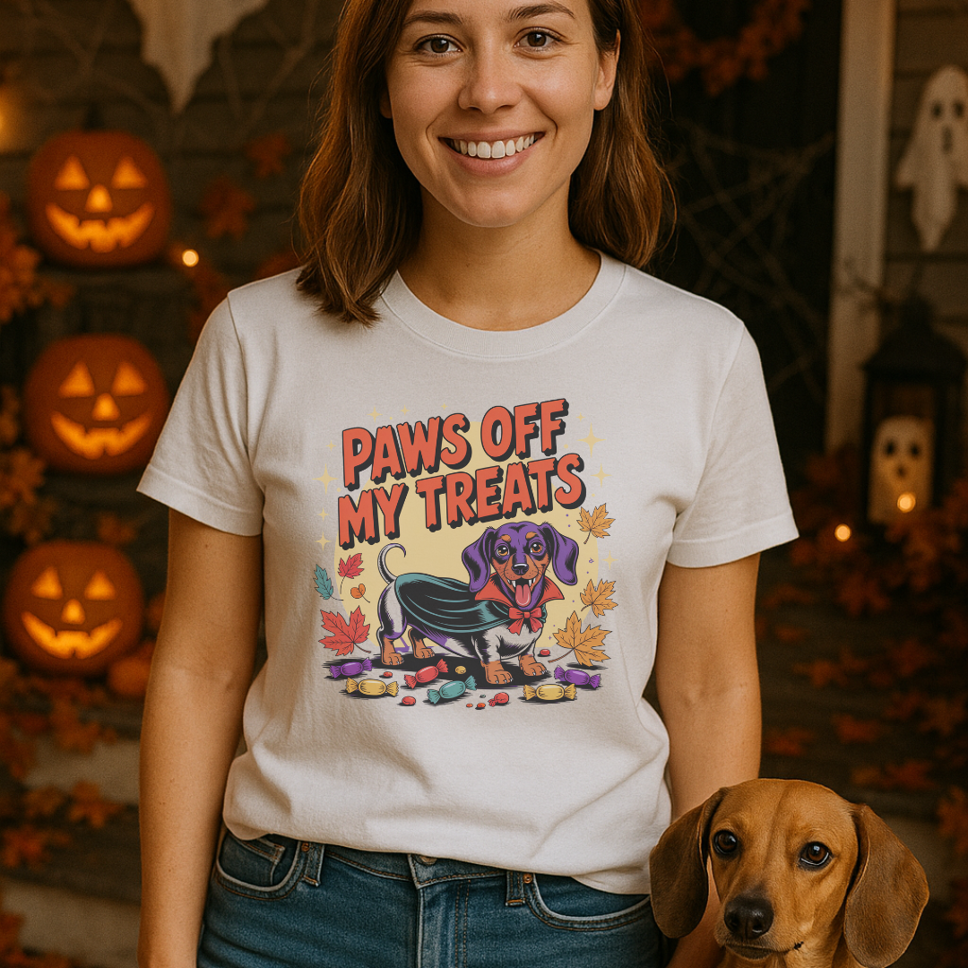 Person wearing a 'Paws Off My Treats' t-shirt with a dog graphic in a Halloween-themed setting.