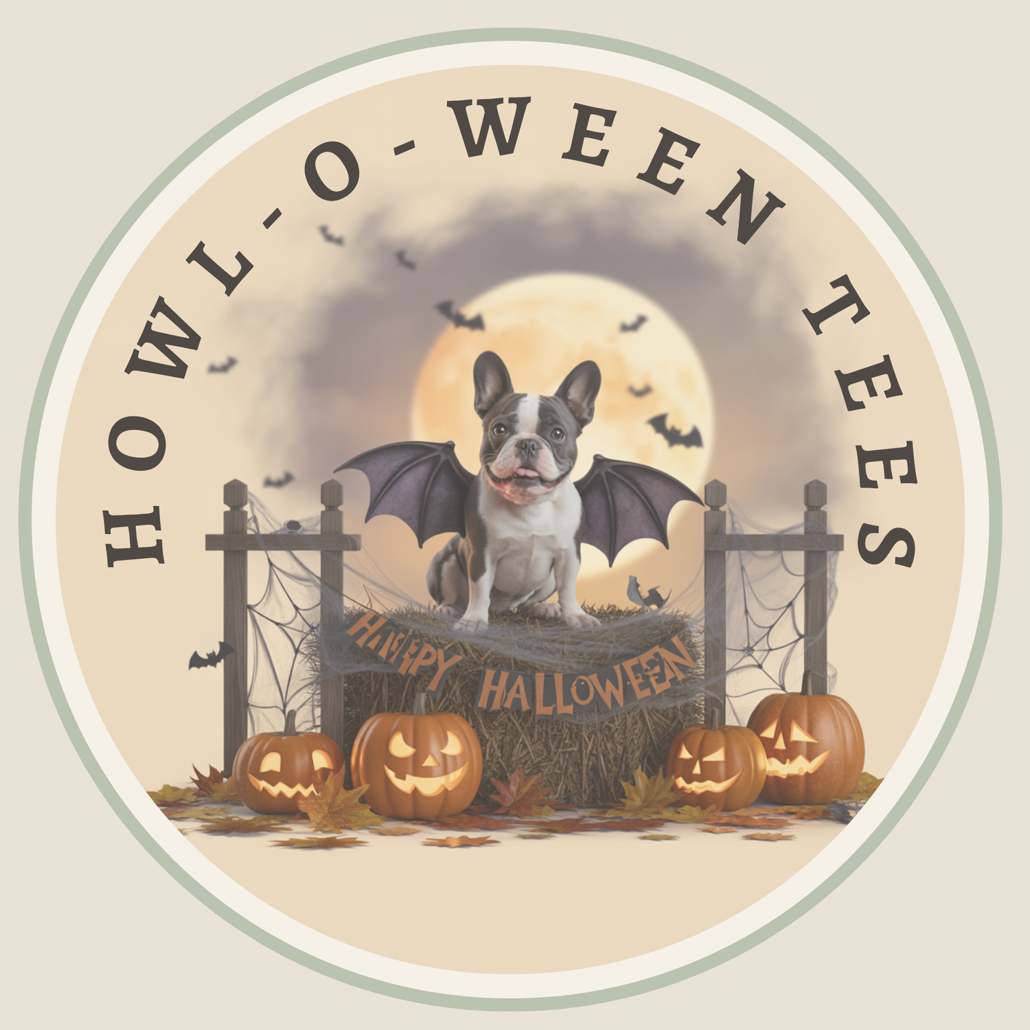 Illustration of a French Bulldog wearing bat wings sitting on a hay bale decorated with a 'Happy Halloween' banner, surrounded by carved pumpkins, fall leaves, and spider webs.