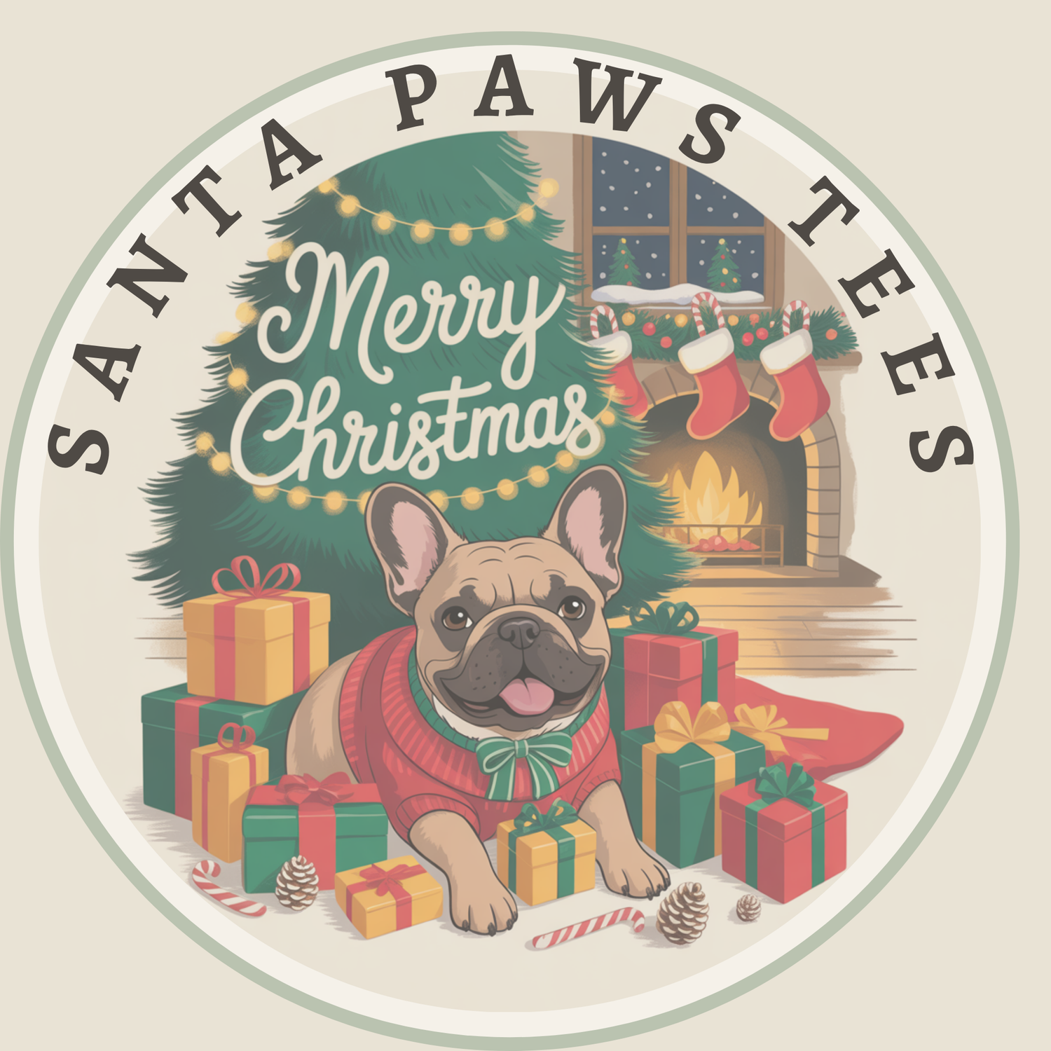 French Bulldog in a red sweater surrounded by Christmas gifts under a decorated tree with the text 'Merry Christmas' and 'Santa Paws Tees' above.