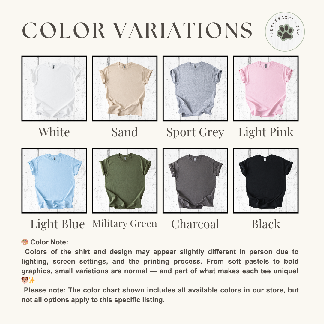 Color chart for shirts with various color options including White, Sand, Sport Grey, Light Pink, Light Blue, Military Green, Charcoal, and Black.