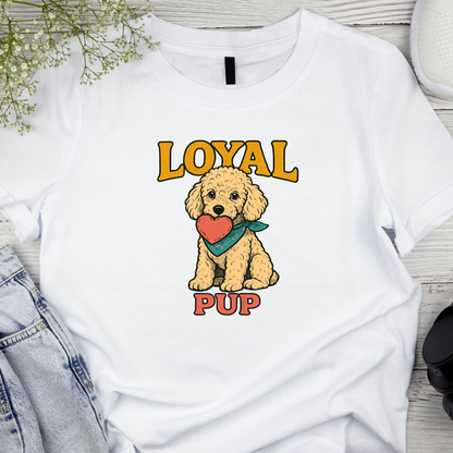 White t-shirt with a dog graphic and 'Loyal Pup' text on a wooden surface.