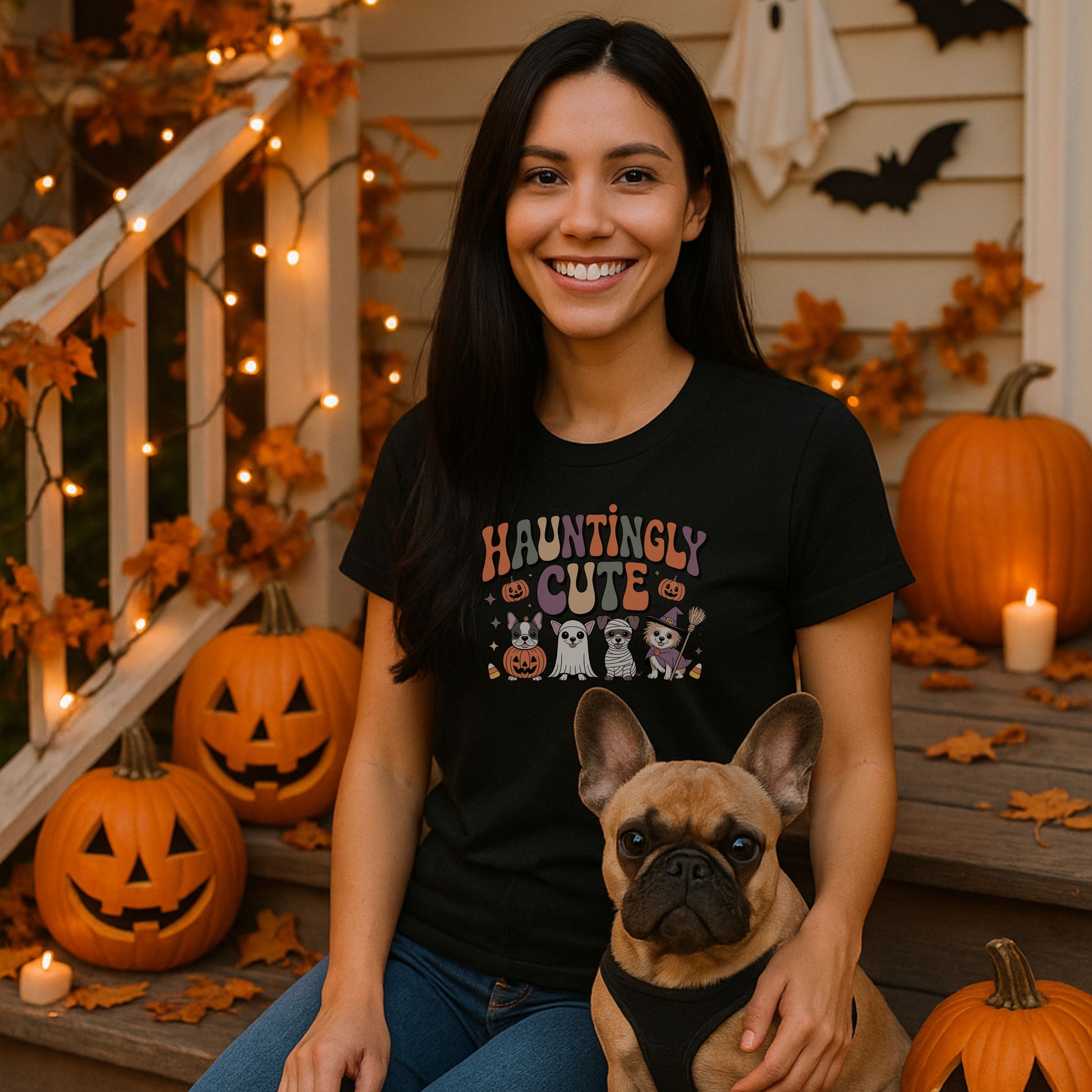 Woman wearing a 'Hauntingly Cute' shirt with a dog on a Halloween-themed porch.