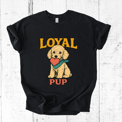 Black t-shirt with a dog graphic and 'Loyal Pup' text on a white wooden background