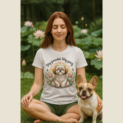 Woman sitting on grass with a dog, wearing a t-shirt with a dog illustration and text.