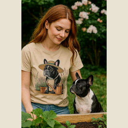 Woman wearing a t-shirt with a dog graphic, standing next to a dog in a garden.