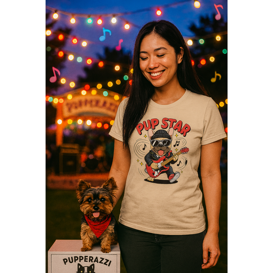 Woman wearing a 'Pup Star' t-shirt with a dog in front of festive lights.