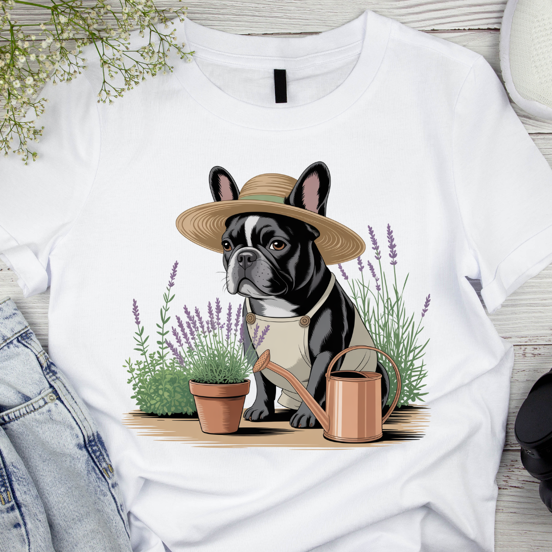 White t-shirt with a dog wearing a hat and gardening accessories design, placed on a wooden surface with lavender and flowers.