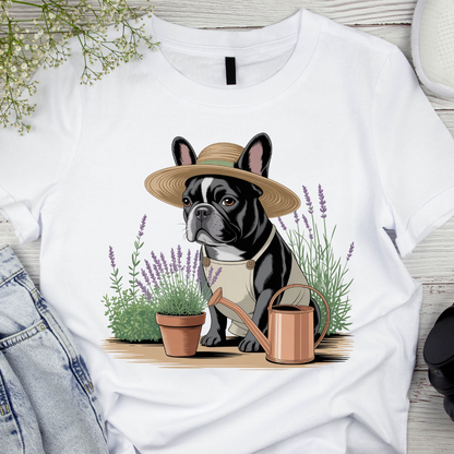 White t-shirt with a dog wearing a hat and gardening accessories design, placed on a wooden surface with lavender and flowers.